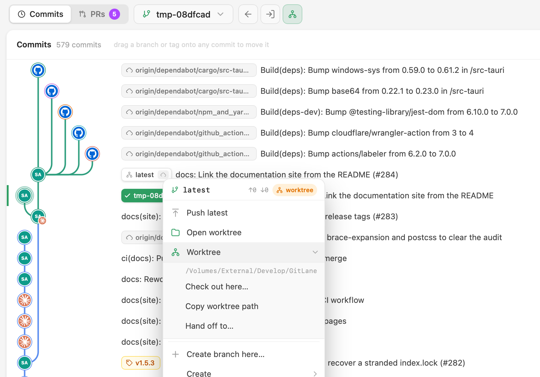 Inside a linked worktree: the back-to-main toolbar cluster, and the worktree submenu offering check out here, copy path, and hand off